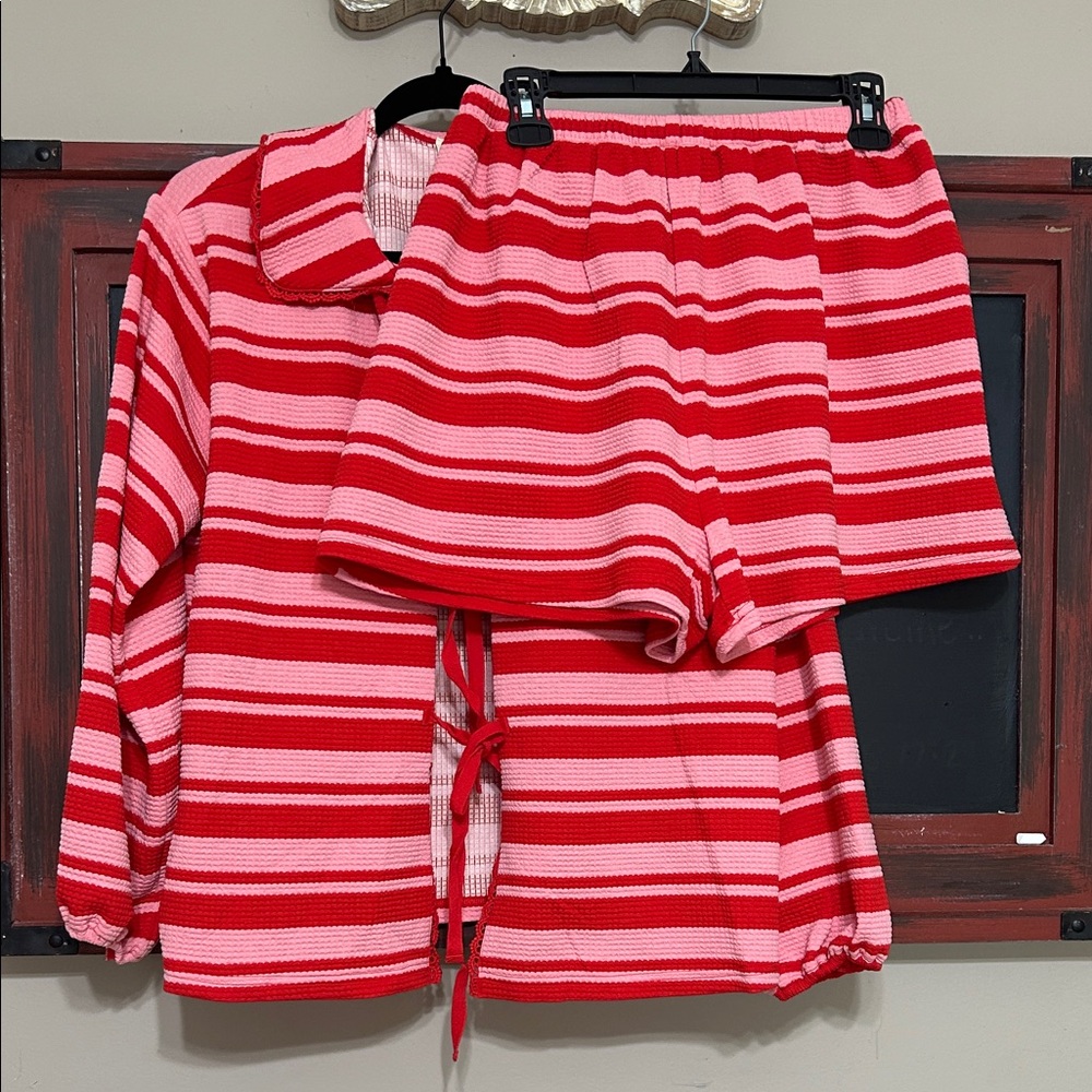 Women's Red & Pink Striped Lounge Set Large